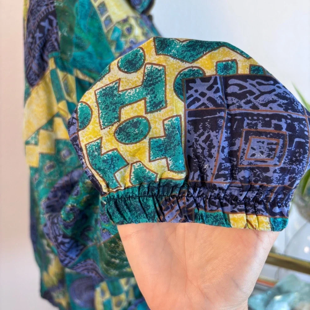 Vintage 80s 100% Silk Abstract Geometric Bomber Jacket Basic Editions Teal Large